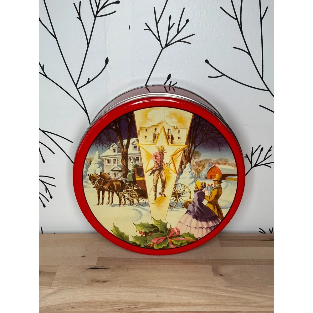 Vintage DeLuxe Fruit Cake Tin Collin Street Bakery Texas Winter Scene Red Metal